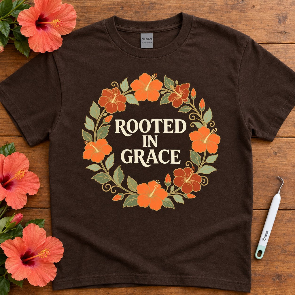 Rooted in Grace design on a t-shirt