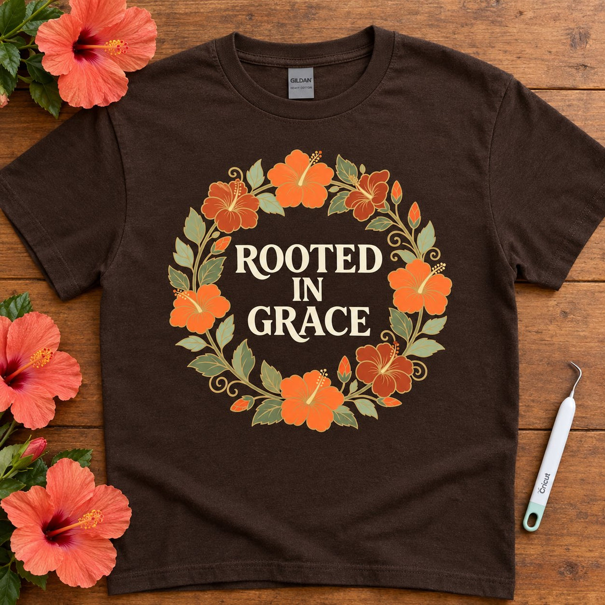 Rooted in Grace design on a t-shirt