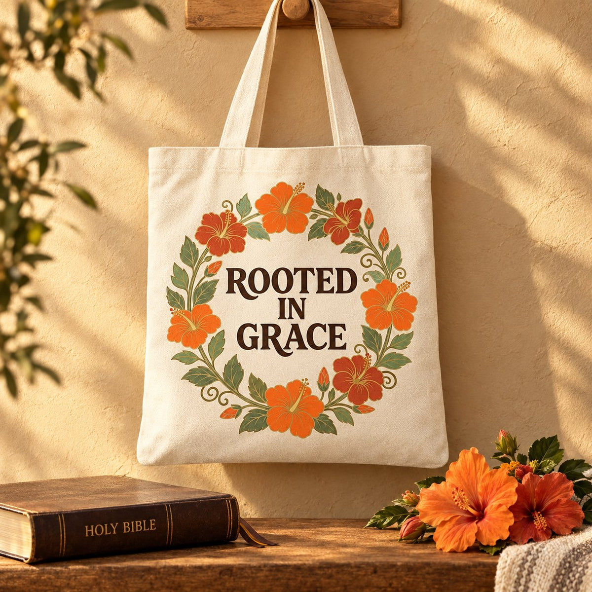 Rooted in Grace design on a tote bag